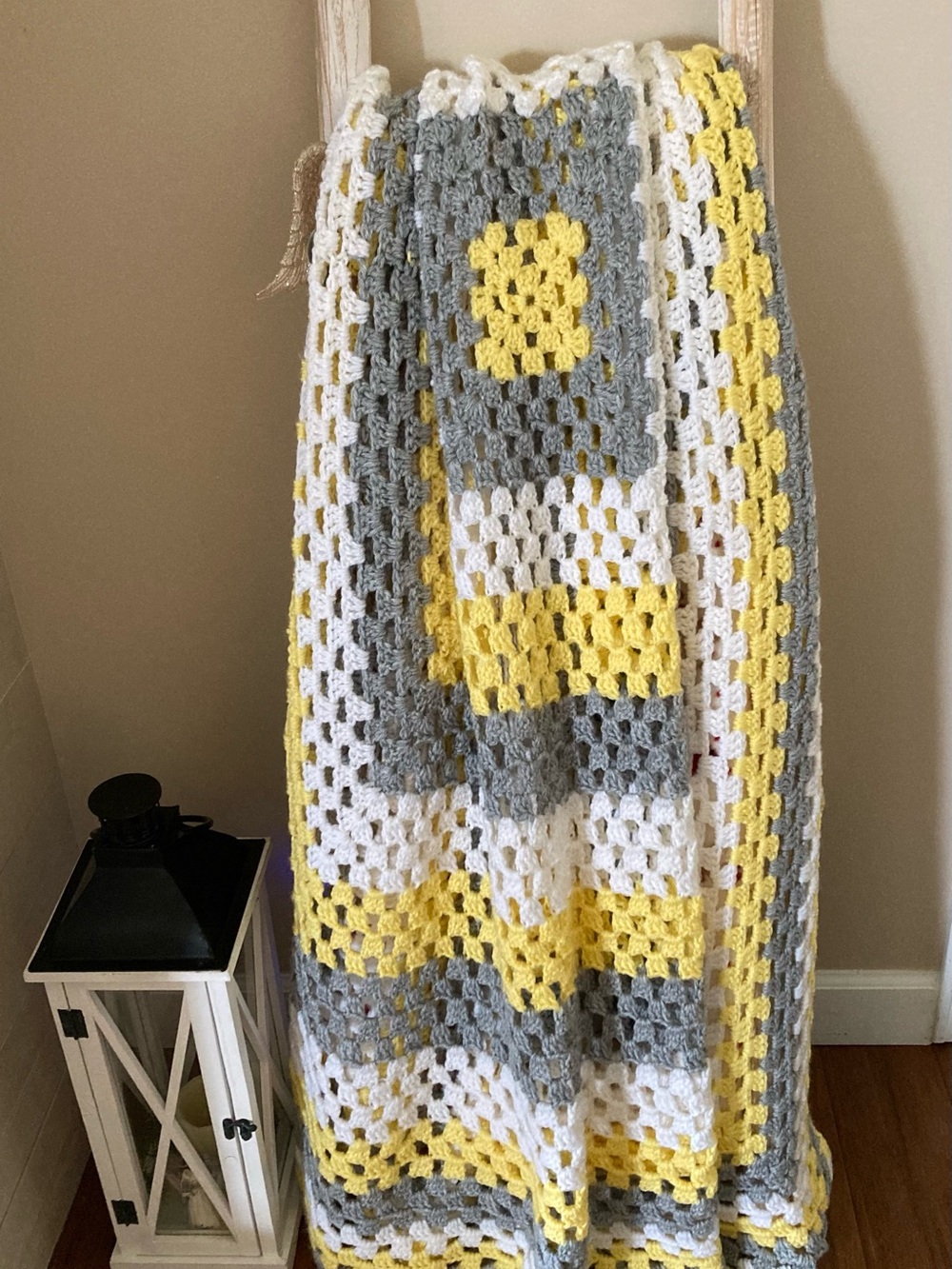 Handmade Crochet Granny Square Afghan in Yellow, Gray & White 67” x 67”